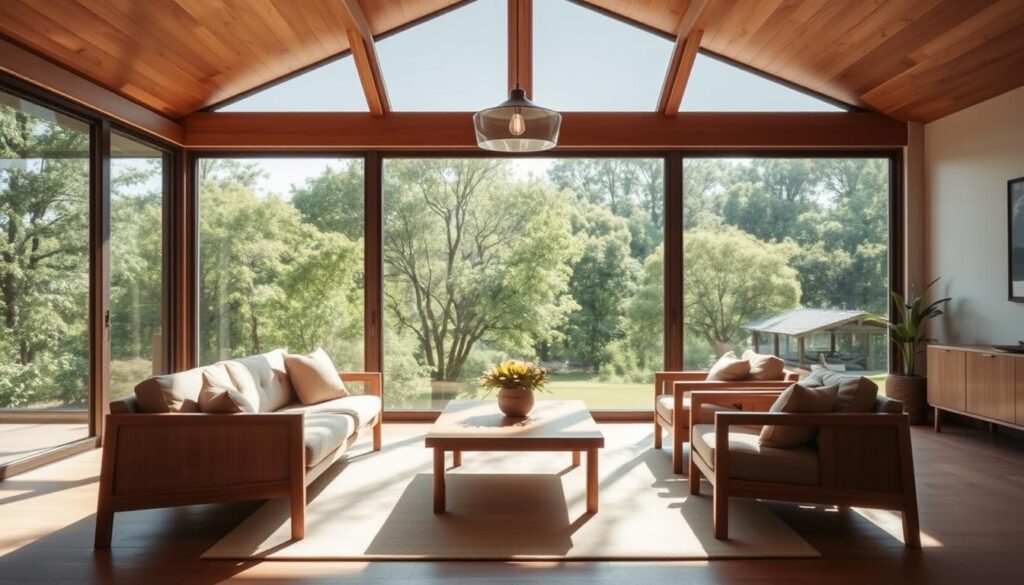 mid century modern homes interior with natural wood