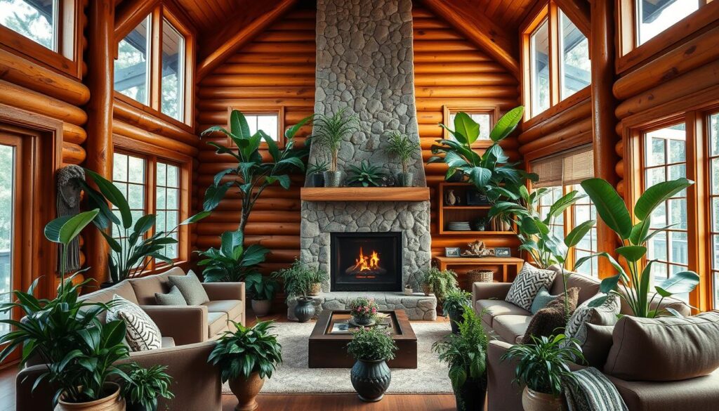 log home interior design with indoor plants